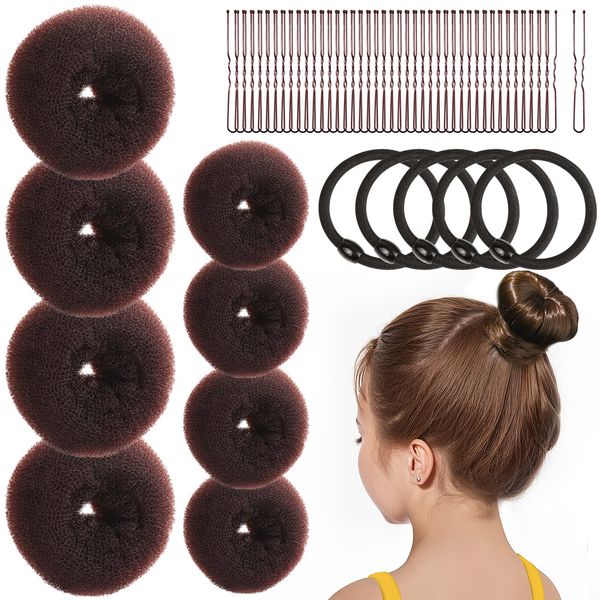 FANDAMEI Hair Bun Maker for Kids, 4PCS Donut Hair Bun Maker Small with 4PCS Extra Small Hair Buns Kit. Small Ballet Hair Bun Maker for Kids, Hair Bun Set with Elastic Hair Ties, Hair Pins.(Brown)