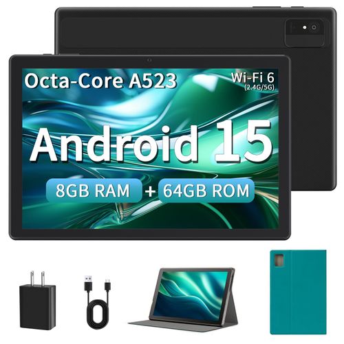 Ruufuuxy 10 Inch Android Tablet, 8GB RAM 64GB ROM 1TB Expandable Android 15 Tablet, Octa-Core, WiFi 6 (2.4G/5G), 1280x800 Display, Tablets for Adults with Protective Case - Black