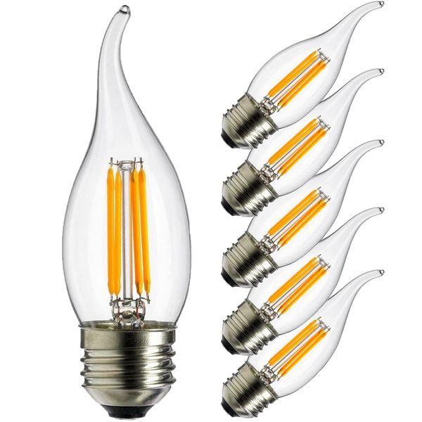 6Pack E26 LED Chandelier Filament Flame Tip Light Bulb, 4W (40W), 1800K