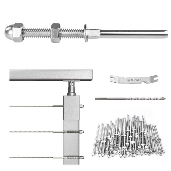 Muzata 60 Pack 1/8" Cable Railing Hardware Kit Hand Swage Threaded Stud Tensi...