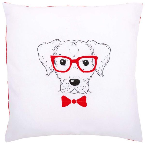 Vervaco Embroidery Kit: Cushion: Dog with Red Glasses, Acrylic, NA, 40 x 40cm