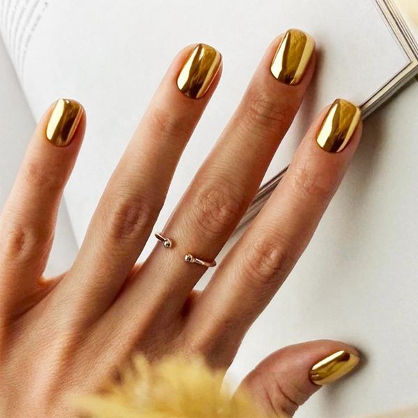 24pcs Short Square False Nails Metallic Gold Stick on Nails Mirror Effect Press on Nails Removable Glue-on Nails Full Cover Fake Nails Set Women Brides Nail Art Accessories