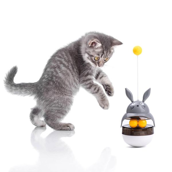 Wagably Cat Treat Puzzle Toy, Auto-Balancing Pet Food Dispenser - Brain Stimulating - Slow Feeder - Boredom Relief Kitten Toys, Interactive Training, Toy for Indoor Bored Cats (Grey, Cat)