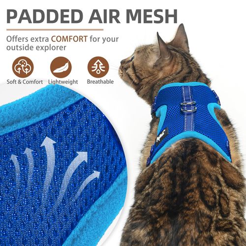 PUPTECK Cat Harness and Leash Set Escape Proof, Reflective Adjustable Soft Mesh Kitten Vest Harness for Walking Travel, Navy Blue, M