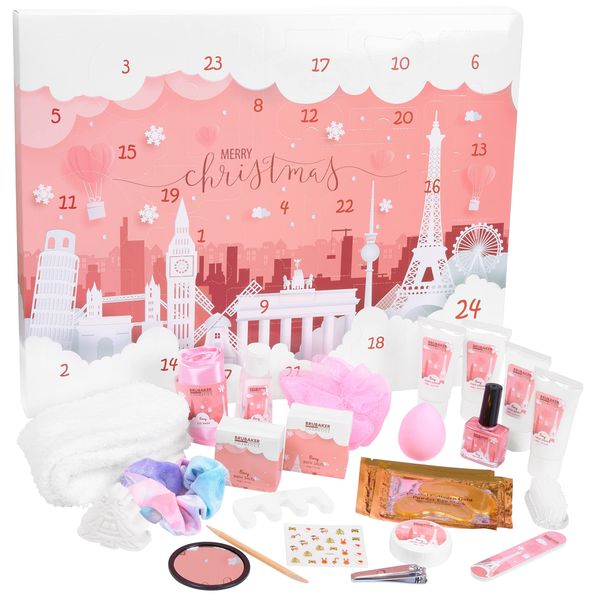 BRUBAKER Cosmetics Beauty Advent Calendar 24 Body Care Products & Spa Accessories - The XXL Wellness Christmas Calendar for Women and Girls - Cities Landmark Pink