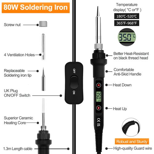Soldering Iron Kit 80W LCD Adjustable Temperature 180-520°C Electric Welding Tool ON/Off Switch, 50g Solder Wire, 5 Soldering Tips, Desoldering Pump, Wire Stripper Cutter, Stand, Tweezers,Tool Case