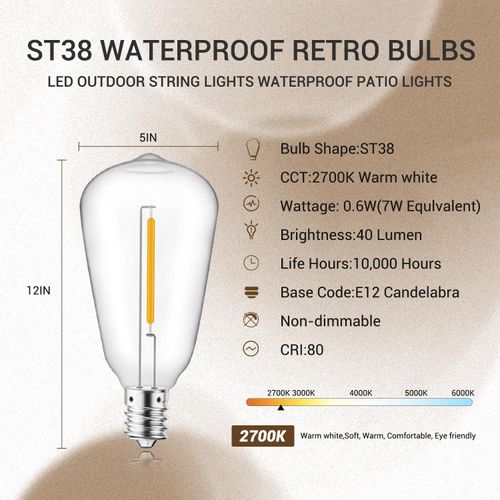 KGC ST38 LED String Light Bulbs, 1.5 Inches Shatterproof LED Replacement Bulbs for Outdoor String Lights, 0.6Watt Equvanlent to 7Watt Incandescant Bulbs, E12 Screw Base, 2700K, 50Pack