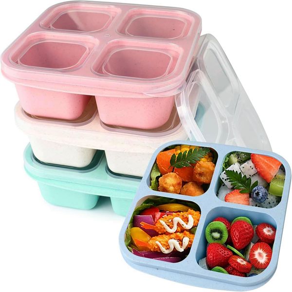 Surflyee 4Pack Snack Boxes with Compartments, Snack Containers for Kids and Adults, 4 Compartments Bento Lunch Boxes, Microwave Safety, Reusable Divided Food Storage Containers for School Work Travel