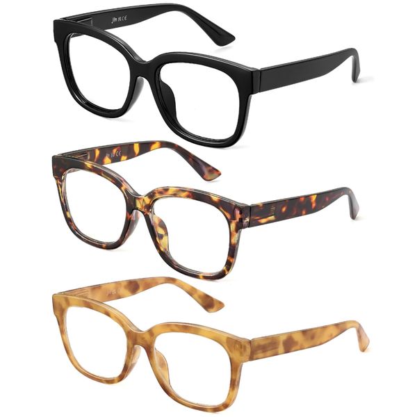 JM 3 Pack Oversized Reading Glasses for Women Square Blue Light Blocking Computer Readers Spring Hinge, 0.0