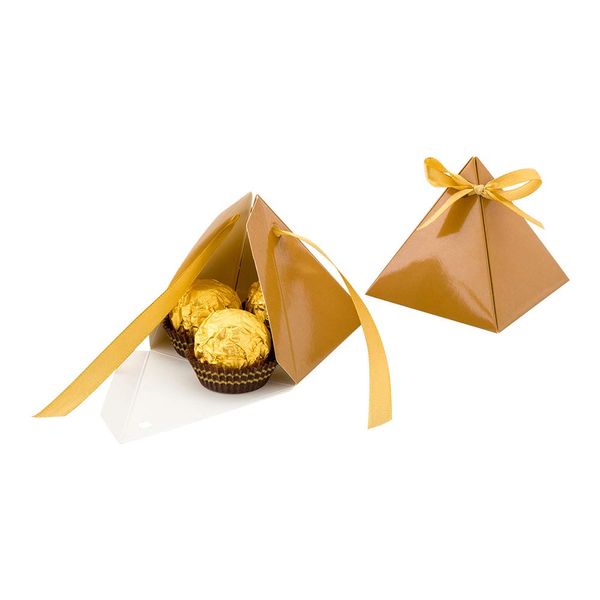 Restaurantware Pastry Tek 3 x 3 x3 Inch Pyramid Favor Boxes 100 Pyramid Triangle Gift Boxes - Satin Ribbon Disposable Brown Paper Triangle Candy Boxes For Weddings Or Parties