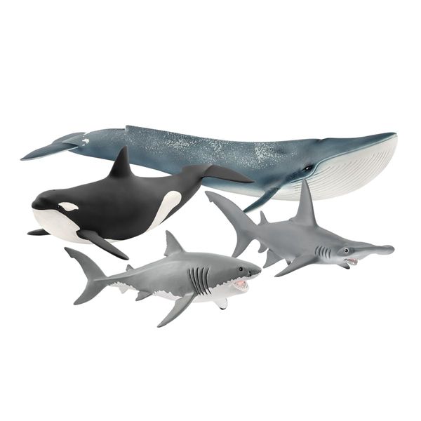 Schleich Ocean Animals Toy 4-Piece Sea Animals Toys Set Including Blue Whale, Killer Whale and 2 Shark Toys for Toddlers and Kids Ages 3+