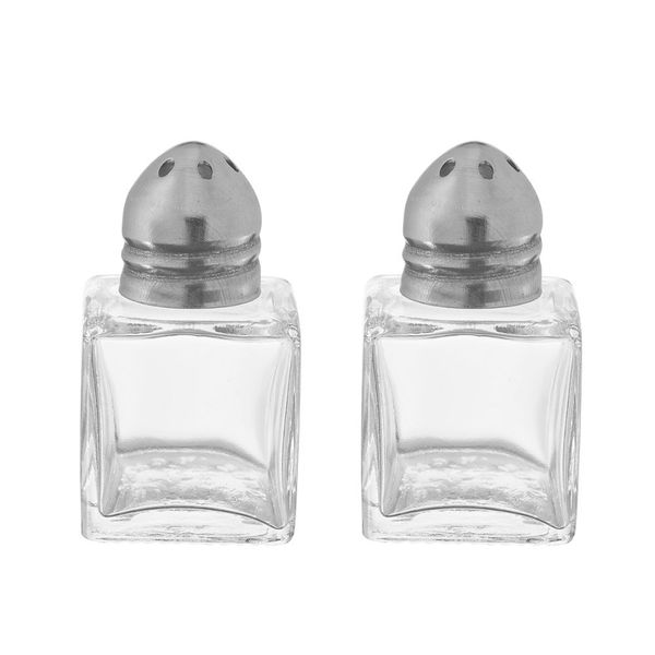 (Set of 2) Mini Salt and Pepper Shakers, 0.5 oz / 1/2 oz Glass Cube Body Restaurant Salt and Pepper Shakers By Tezzorio