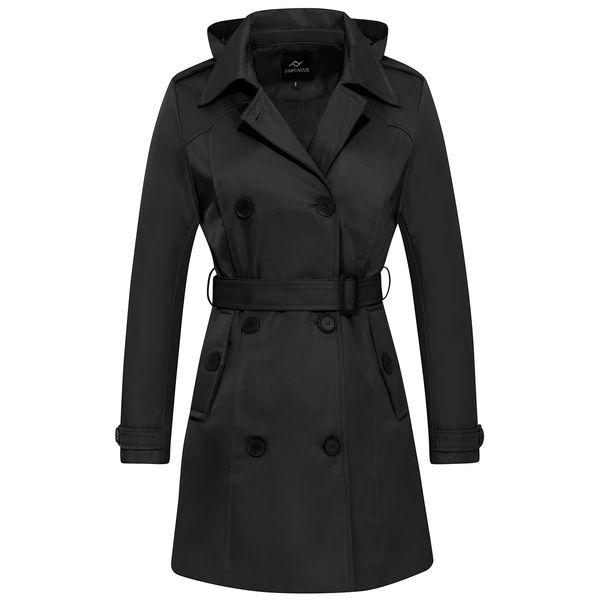 FARVALUE Women's Waterproof Trench Coat Double Breasted Windbreaker Classic Belted Lapel Overcoat with Removable Hood Black Medium