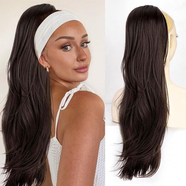 PORSMEER Lange Zopf Pferdeschwanz Haarteil Haarverlängerung mit Kordelzug Lang Glatt Wellig Natürliches Synthetik Haar Ponytail Extensions Dunkelbraun für Frauen 65cm