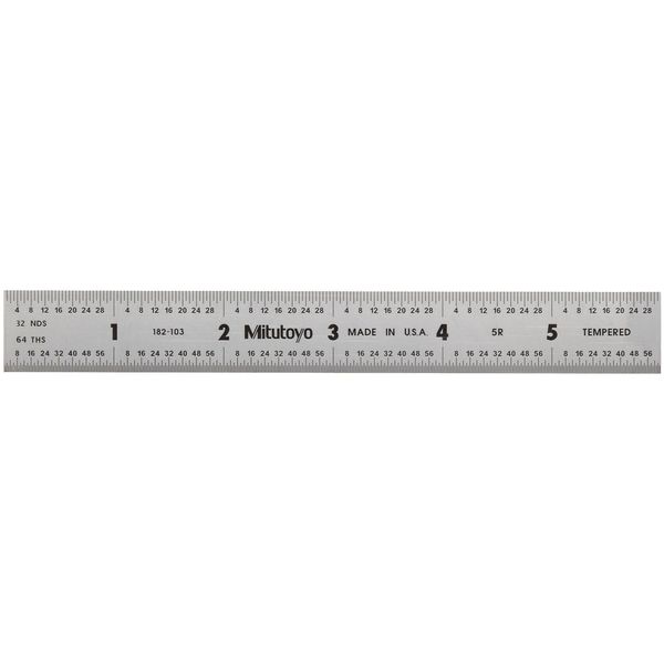 Mitutoyo Stainless Steel 6-Inch Ruler, Tempered, (1/32, 1/64", 1/10", 1/100"), 3/64" Thick, 3/4" Wide, Satin Chrome Finish