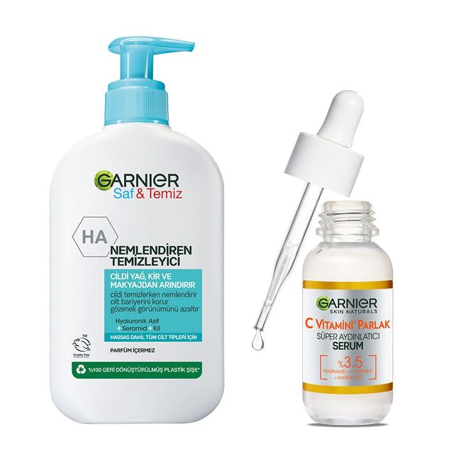 Garnier Saf&Temiz Nemlendiren Temizleyici 250 ml & C Vitamini Parlak Süper Aydınlatıcı Serum (30 ml) Cilt Bakım Seti