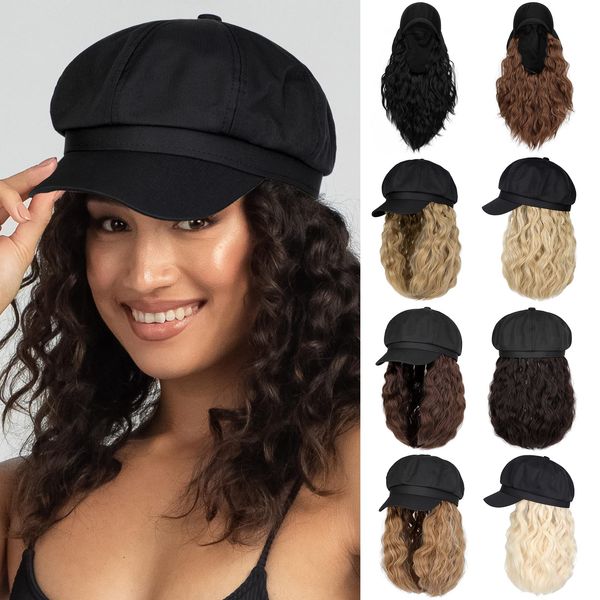 Lansigreen Newsboy Cap with Hair Extensions Short Curly Wavy Bob Hairstyle Wig Hat Beret 8 Panel Attached 14" Synthetic Hairpiece for Women Natural Black