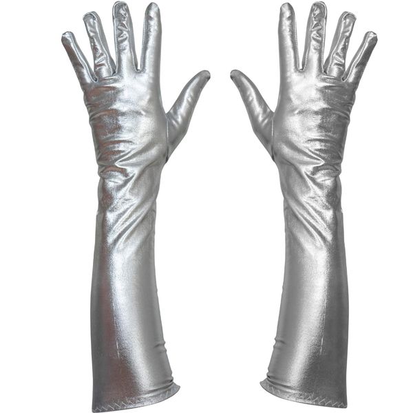 Skeleteen Silver Metallic Opera Gloves - Roaring 20's Fancy Flapper Elbow Evening Gloves Accessories for Women and Girls