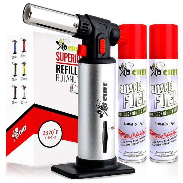 Jo Chef Kitchen Torch With Butane included, Refillable Torch, Creme Brulee Blow Lighter gun Safety Lock & Adjustable Flame, Culinary Cooking for Food, 2 Cans Included