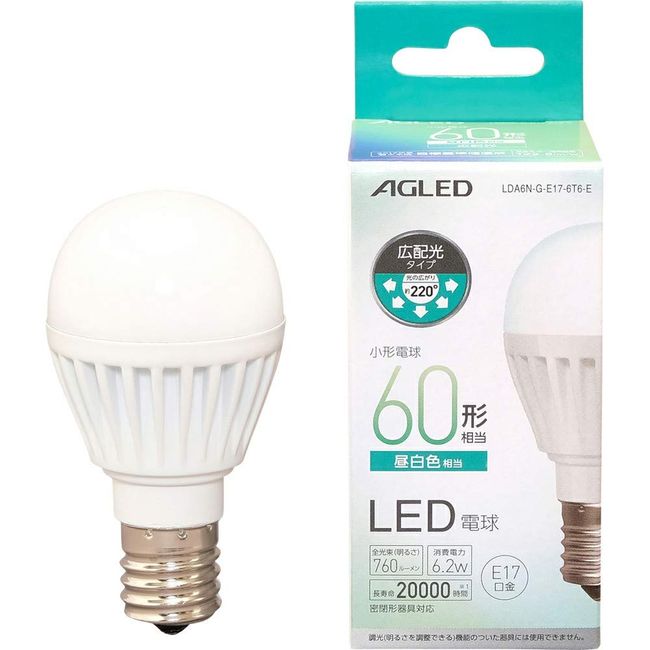 Iris Ohyama LDA6N-G-E17-6T6-E LED Light Bulb E17 Wide Light Distribution 60W Shape Equivalent, Day White