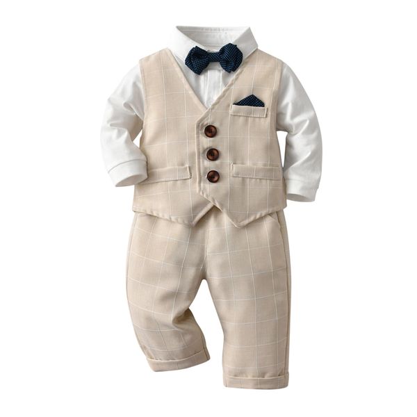 Volunboy Baby Anzug Jungen Anzugweste Hemd mit Fliege für Festlich Hochzeit Bekleidung Set 4tlg（12-18 Monate，Khaki-Plaid，Größe 80）
