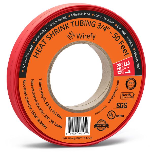 Wirefy Schrumpfschlauch Metrware mit Kleber 15m - 3:1 Schrumpfverhältnis, Doppelwandiger Schrumpfschlauch Wasserdicht - Heat Shrink Tube Set Rot Ø 19,1mm