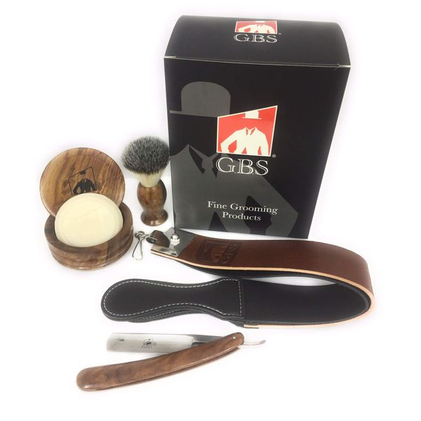 G.B.S Men Professional Shaving Kit Box- Rust Free Stainless Shaving Razor with Wooden Handle, Wooden Soap Bowl, Shaving Brush, Leather Strop, - A Full Package for Men’s Shaving