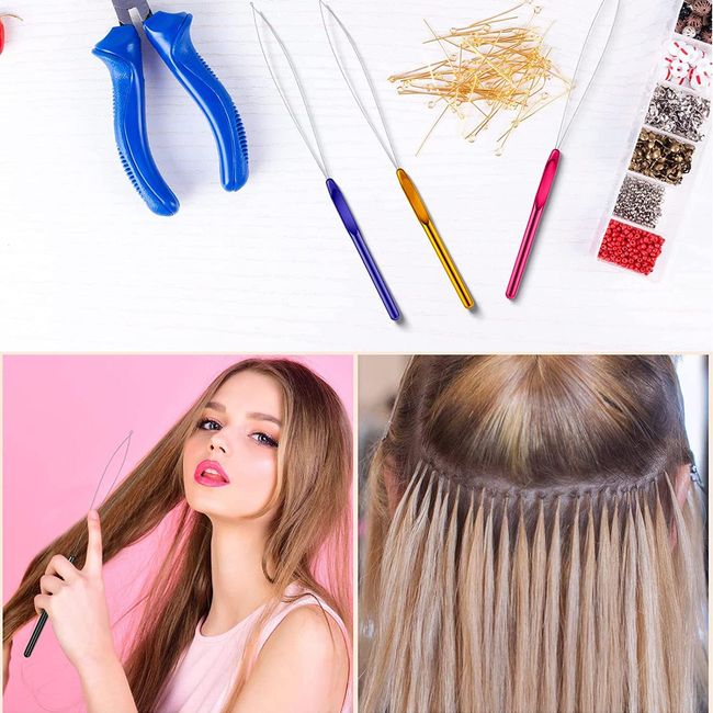 Hair Extension Tool Kit with Pulling Hook Needle Bead Device & Micro Rings  DIY