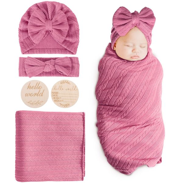 DRESHOW BQUBO Baby Swaddle Blankets for Girls, 4PCS Newborn Accessories Set with Matching Hat and Bow Headband with Hello World Wooden Birth Announcement Card