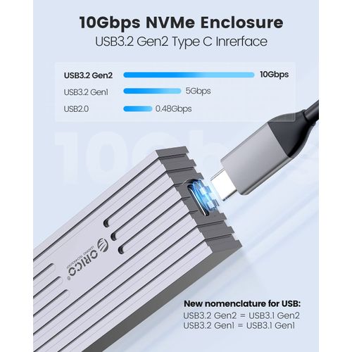 ORICO M.2 NVMe SSD Enclosure to USB-C PCIe Adapter 10 Gbps USB3.2 Gen2 for NVMe M-Key/M+B Key SSD 2230/2242/2260/2280, Upgraded M2 SSD Enclosure Made of Aluminium (Heatsink, UASP, TRIM, SMART,