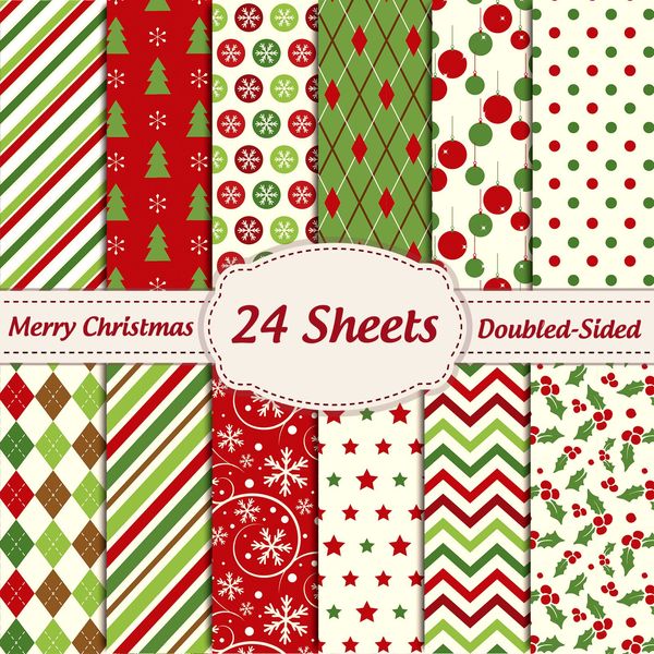 Whaline 12 Designs Christmas Pattern Paper Pack 24 Sheet Merry Christmas Scrapbook Specialty Paper Double-Sided Collection Green Red Decorative Craft Paper Folded Flat for Card Making Scrapbook