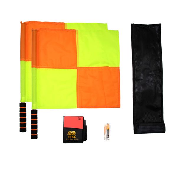 Soccer Referee Flag,Checkered Linesman Flags Set with Case，Metal Pole Foam Handle water Proof，Red Yellow Cards with Notebook and Pencil,Coach Stainless Steel Whistles with Lanyard 2Pcs (Style 2)