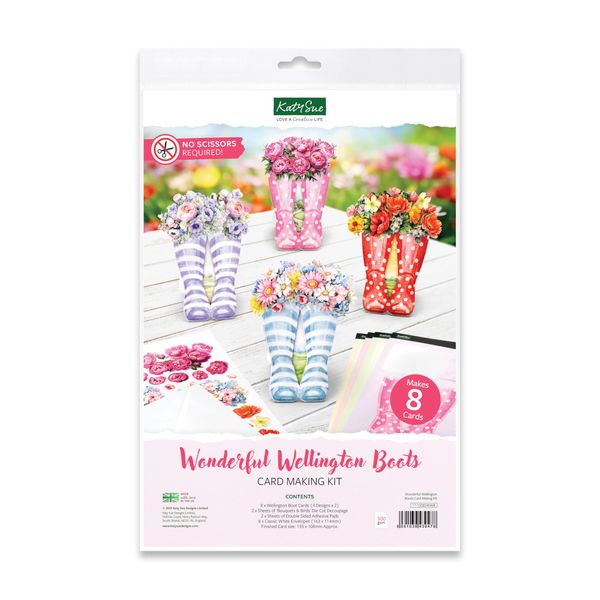 Katy Sue Designs Wonderful Wellington Boots Card Making Kit. Contains 8 Shaped Cards, 2 Sheets of Die Cut Decoupage, Instructions, Adhesive Foam Pads & 8 Envelopes for Card Making Supplies