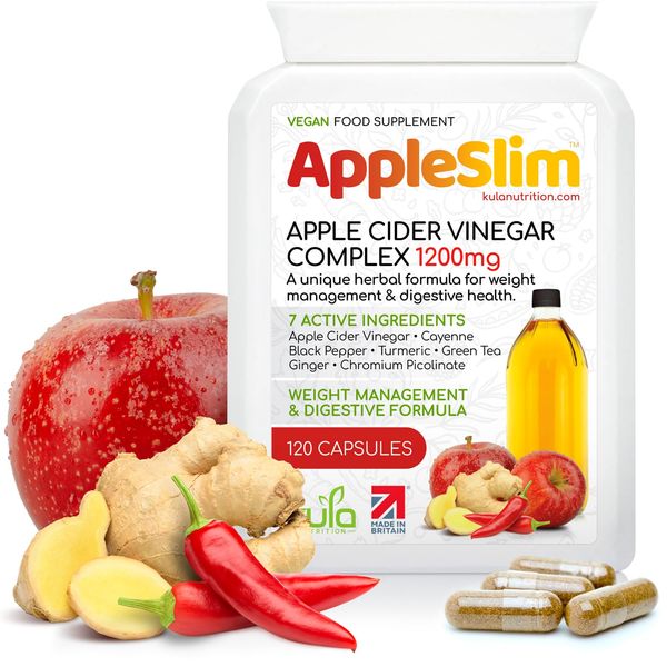 AppleSlim – Raw Unfiltered Apple Cider Vinegar Capsules Complex for Weight Management and Digestion - Green Tea, Ginger, Turmeric, Black Pepper and Chromium - Blood Sugar Support - 120 Vegan Tablets