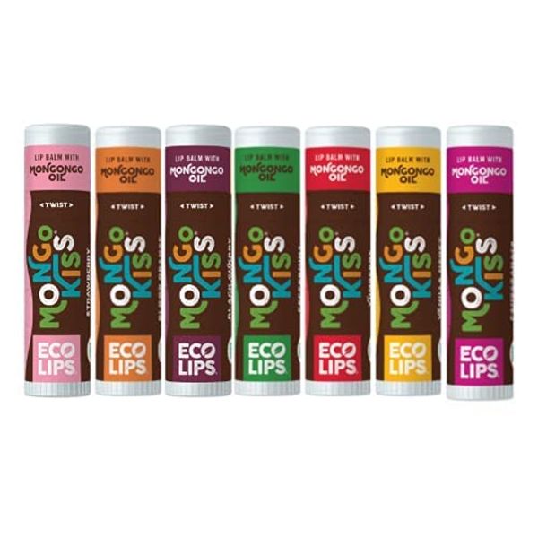 Eco Lips Lip Balm Mongo Kiss Organic 7 Pack - Blood Orange, Black Cherry, Pomegranate, Vanilla Honey, Peppermint, Strawberry Lavender, Yumberry 100% Organic with Mongongo Oil - Soothe & Moisturize Dry, Cracked Lips - Made in the USA