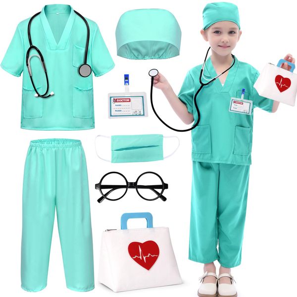 Tacobear Kids Doctor Costume Scrubs for Girl Boy Mint Green Outfit Halloween Toddler Dress Up Doctor Nurse Pretend Play Toy