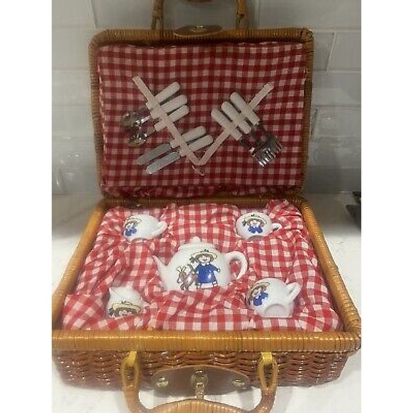 Vintage Schylling Madeline Miniature Porcelain Tea Set in Wicker Picnic Basket