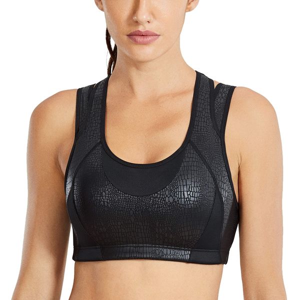 SYROKAN Sports Bras for Women High Impact Mesh Full Coverage Racerback Support High Neck Wireless No Bounce Running Bra Leather - Black Crocodile X-Large