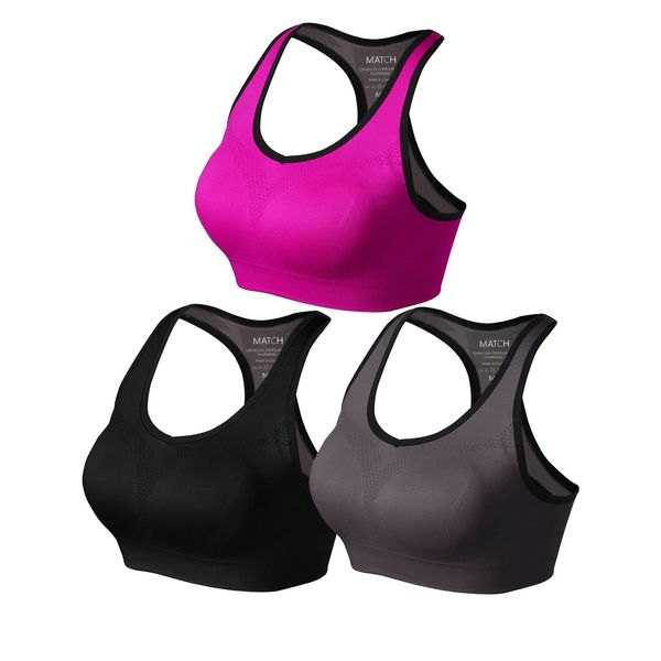 Match Racerback Sports Bras for Women – Padded Seamless Strappy Workout Tops for Yoga Gym Runing Fitness Sports Bras (1 Pack of 3(Black-Gray-Plum), Small)