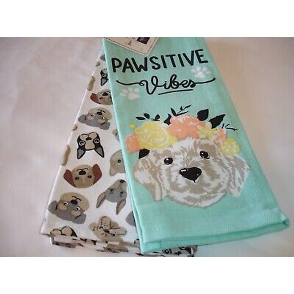 New! S/2 Flowers Dogs Pet Animal Dog Kitchen Dish Towels Woven Cotton Tea Towels