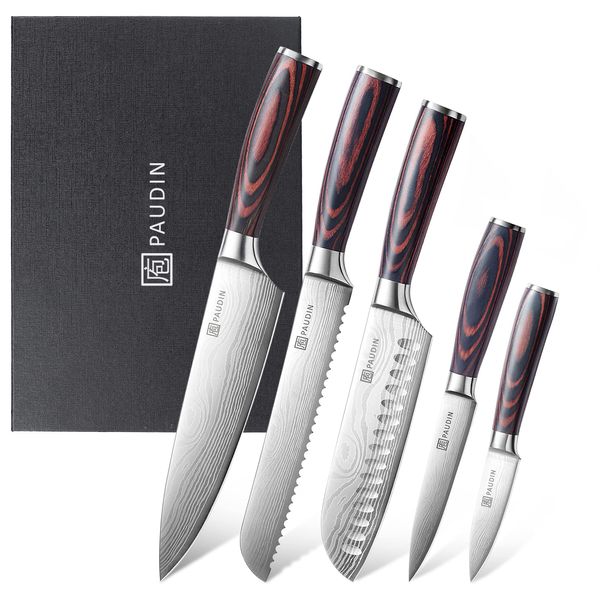 PAUDIN Kitchen Knife Set, Ultra Sharp Knife Set with Pakkawood Handle, High Carbon Stainless Steel Knives Set for Kitchen, 5 Piece Chef Knife Set Come with Gift Box