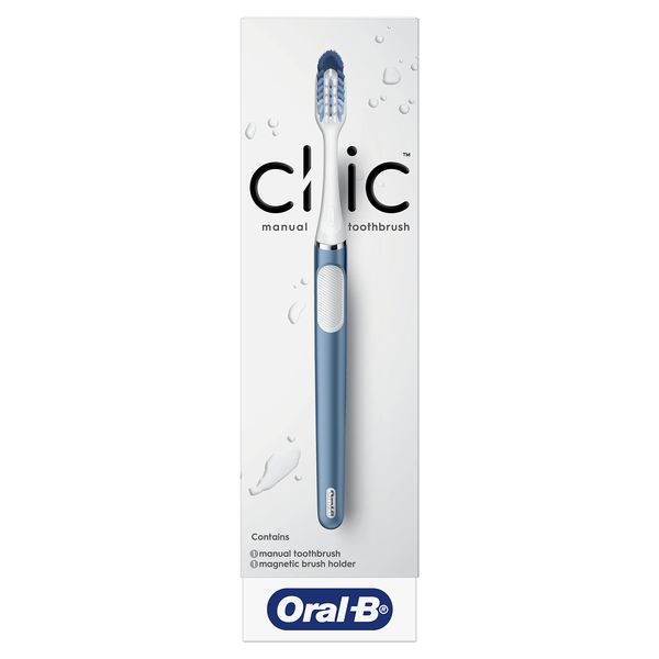 Oral-B Clic Manual Toothbrush, Alaska Blue, with Brush Head and Magnetic Toothbrush Holder