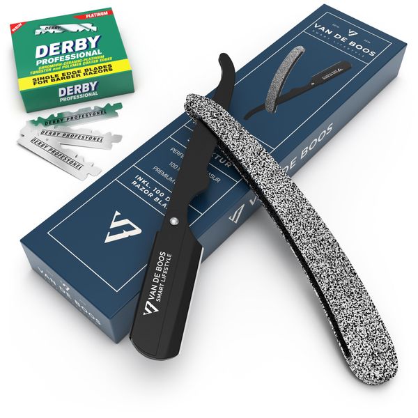 Van De Boos® Rasiermesser-Set mit 100 Derby Wechselklingen - Hochwertiges Edelstahl Barber Bartmesser mit extra scharfen Rasierklingen - Barbier Messer für eine präzise Bart-Rasur (Männer Rasierer)