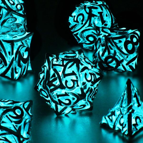 FONVGOGO Glow in The Dark DND Dice Metal Dungeons and Dragon Dice of 7 Polyhedral Dice Set Hollow Metal Vine D&D Dice D and D RPG Dice for Role Playing Game (Vine Glow Blue)