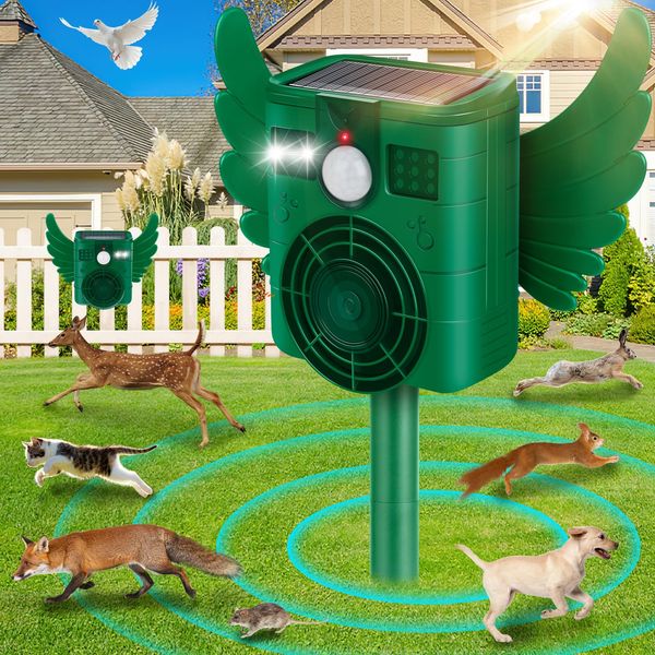 Outdoor Solar Cat Repeller, Garden Cat Deterrent, Ultrasonic Animal Repellent Fox Repeller With Motion Sensor& Flash Light, Fox Deterrent Squirrel Deterrent IP66 Waterproof for Dogs Rabbits Raccoons