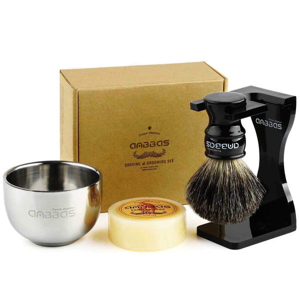 Anbbas Shaving Set, 4in1 Pure Black Badger Shaving Brush with Long Resin Handle and Acrylic Thicken Shaving Stand,Soap Bowl Stainless Steel and Goat Milk Shaving Soap 100g Men Gift Kit