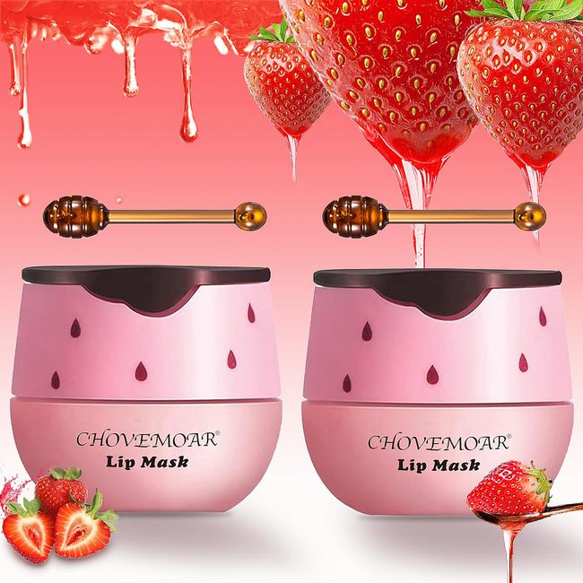 2 PCS Strawberry Lip Mask Bee Balm Lip Balm Honey Pot, Vitamin E Moisturizing Propolis Lip Balm, Effective Reduces Lip Lines Prevention Dry and Cracked Lip Scrubs Exfoliator