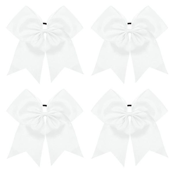 TUUXI 4pcs 8" Large Cheer Bows White Elastics Hair Ties Bands Grosgrain Ribbon Ponytail Holder for Cheerleading Team Baseball Softball Tennis Cheerleader Bows