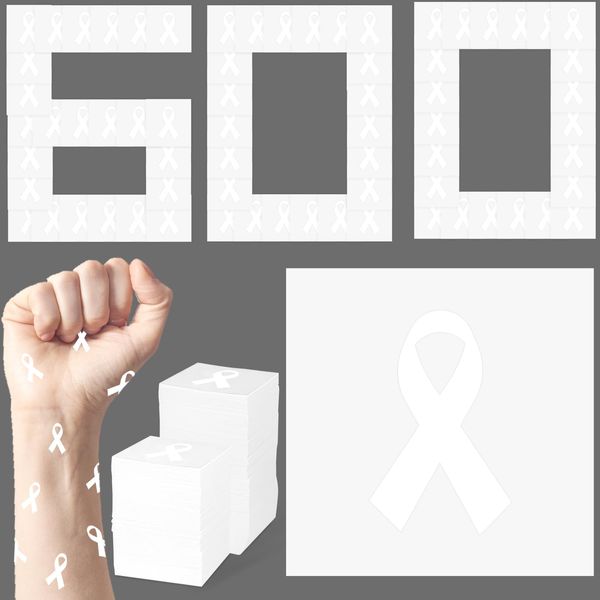 Crategurus Co. 600 Pcs White Awareness Ribbon Temporary Tattoos Stickers Bulk Osteoporosis Awareness Blindness Awareness Month Products Bone Cancer Lung Cancer Awareness Day Gifts White Ribbon Items