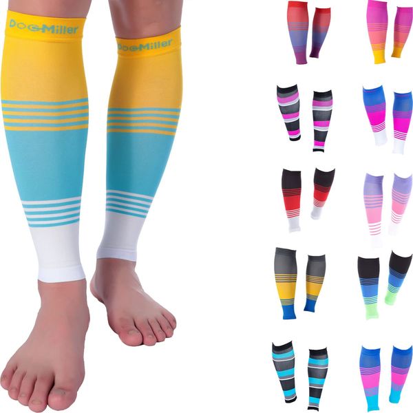 Doc Miller Calf Compression Sleeve Men and Women 20-30 mmHg, Shin Splint Compression Sleeve, Medical Grade Socks for Varicose Veins and Maternity 1 Pair Large Yellow Blue White Calf Sleeve